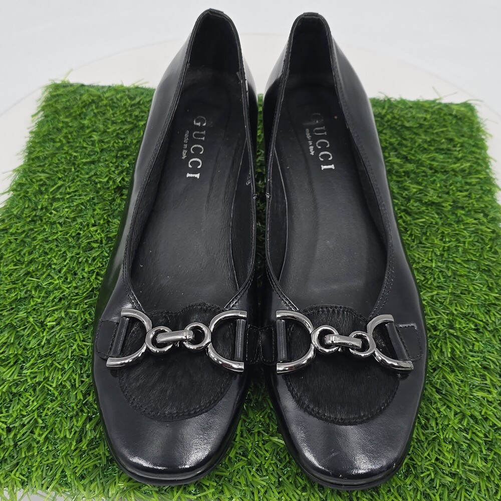 GUCCI Sz 38 Pony Hair Horsebit Kitten Heels/Pumps Black Spazzolato Leather